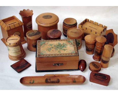 Mauchline Souvenir ware, a collection of twenty items including five money boxes, trinket box, needle boxes, thimble holder, 