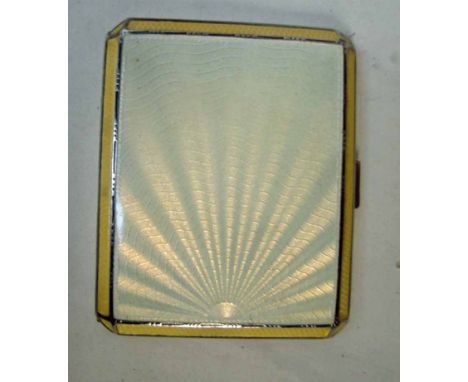 An Art Deco style silver cigarette case with yellow guilloche enamel cover with Sunburst design, engine turned back, Birmingh