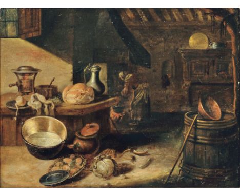 Willem Kalf (Rotterdam 1619 - Amsterdam 1693), in der Art des. In der Küche. Öl/Holz. 27 x 36 cm. Verso Schlagmarke BW. Etw. 