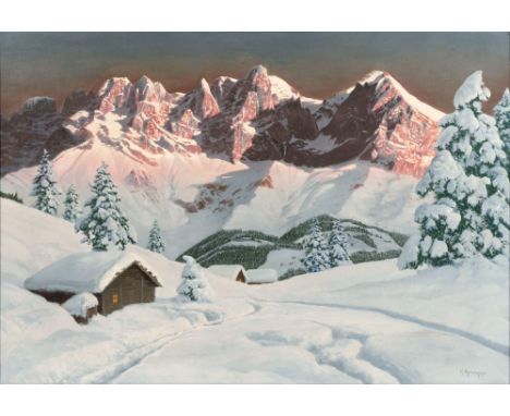 Alois Arnegger (Wien 1879 - Wien 1967). Abendrot am Wilden Kaiser. Öl/Lw. 70,5 x 100,5 cm. R. u. sign. A. Arnegger.   - Öster
