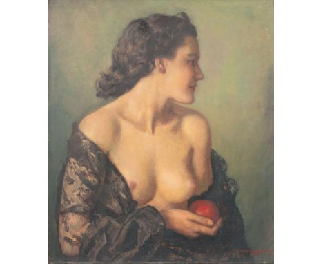 Ernst Liebermann (Langemüß 1869 - Beuerberg 1960). Halbakt mit Apfel. Öl/Hartfaser. 70 x 60 cm. R. u. sign. Ernst Liebermann 