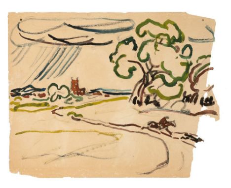 Christian Rohlfs (Niendorf/Holstein 1849 - Hagen/Westfalen 1938). Landschaft mit Regenguss und Reiter. Aquarell. 32 x 25,5 cm