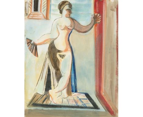 César Klein (Hamburg 1876 - Lübeck 1954). Akt auf Bühne mit Fächer. 1925. Gouache/Papier. 30 x 24 cm. Unter Passepartout und 