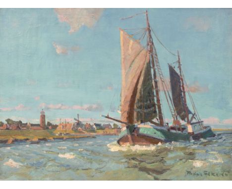 Poppe Folkerts (Norderney 1875 - Norderney 1949). Grüne Kuff vor Ditzum an der Ems. 1940. Öl/Lw. 60,5 x 80,5 cm. R. u. sign. 