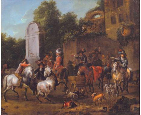 Barend Gael (Haarlem 1630 - Haarlem 1698), zugeschrieben. Rastende Jagdgesellschaft. Öl/Lw. 63 x 73,5 cm. R. u. Signaturfragm
