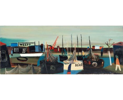 Horst Skodlerrak (Jugnaten/Memel 1920 - Travemünde 2001). Werft. 1952. Öl/Hartfaser. 14 x 35 cm. Ungerahmt. R. u. sign. Skodl
