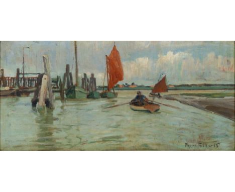 Poppe Folkerts (Norderney 1875 - Norderney 1949). Petkum an der Ems. 1929. Öl/Holz. 34 x 73,5 cm. R. u. sign. Poppe Folkerts,