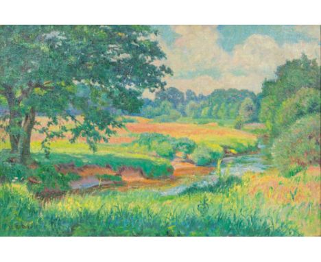 Ernst Eitner (Hamburg 1867 - Hamburg 1955). Sommermorgen an der Alster. Öl/Lw. 60,5 x 90 cm. L. u. sign. E. Eitner, auf dem K