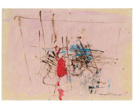 Arnold Fiedler (Hamburg 1900 - Hamburg 1985). Komposition mit rotem Fleck. 1967. Tempera. 34 x 48,5 cm. R. u. sign. und dat. 