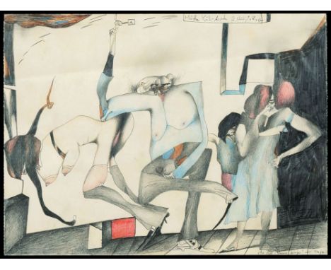 Horst Janssen (Hamburg 1929 - Hamburg 1995). Mutter Kuh-Arsch. 1968. Buntstift- und Bleistiftzeichnung. 29,5 x 39,5 cm. R. o.