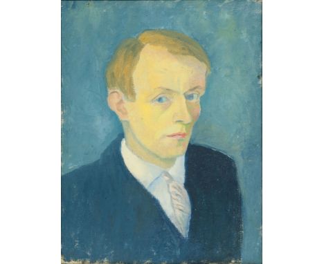 Reinhold Zulkowski (Bromberg 1899 - Hamburg 1966). Portrait mit Blau. Öl/Lw. 42 x 32 cm. L. u. Fragment einer Ritzsign., auf 