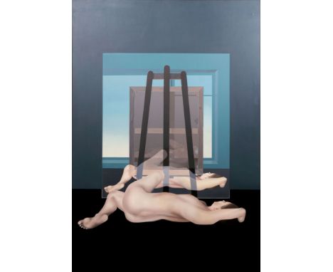 Rolf Gith (Hamburg 1950). Susanne und ihr Nachbild. 1973. Öl/Lw. 186,5 x 130,5 cm. Auf dem Keilrahmen auf Etikett bet. und da