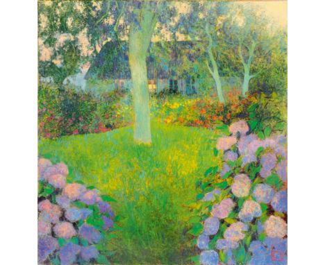 Uwe Herbst (Köln 1952). Haus mit Hortensien. Acryl/Lw. 90 x 80 cm. R. u. monogr. U. H., verso betitelt 'Maison avec hortensia