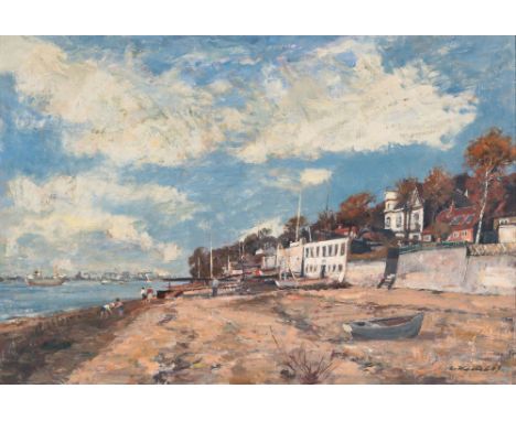 Erich Wessel (Hamburg 1906 - Hamburg 1985). Strand in Övelgönne. 1969. Öl/Hartfaser. 53,5 x 78 cm. R. u. sign. und dat. E. We