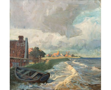 Poppe Folkerts (Norderney 1875 - Norderney 1949). Dorf am Deich. Öl/Lw. 80 x 80 cm. R. u. sign. Poppe Folkerts.   - Deutscher