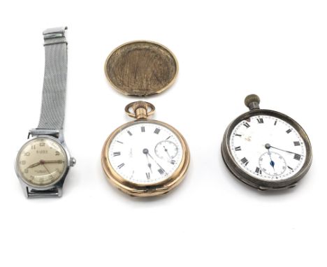 A vintage Elrex wristwatch seen running and two pocket watches one of which is silver cased not running. Postage B