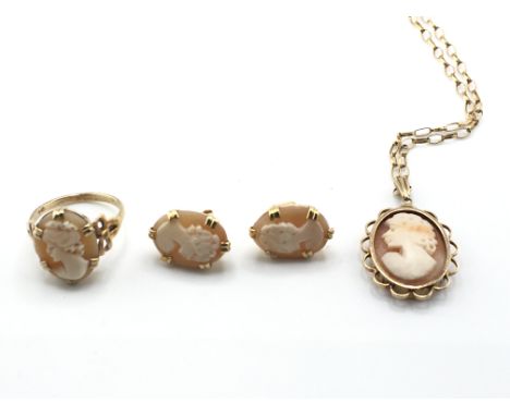 A 9ct gold cameo jewellery suite. 10.9g. Ring is size O 1/2 Postage B