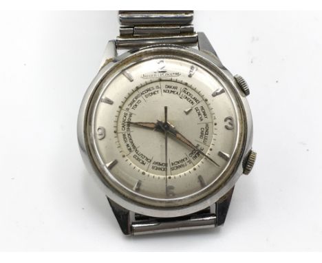 Vintage Jaeger LeCoultre Momovox world timer wrist watch. Winds and runs. The alarm function also winds and goes off. Approxi
