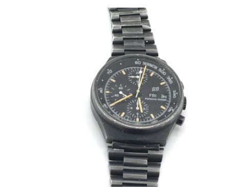 A vintage Orfina Porsche design chronograph watch. Seen running. Areas of wear and strap requires repair. Postage B