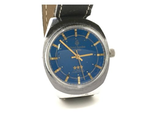 A vintage Henri sandoz and fils gents watch with blue dial. Approximately 35mm case. Seen running. Postage B. NO RESERVE