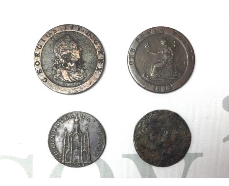 4 early copper coins and tokens to include 1797 Cartwheel penny, 1813 Penny Token for Sheffield T.Hobson & Sons button manufa