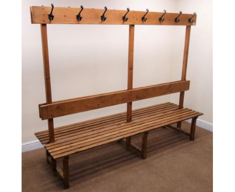 Vintage pine gym changing room back to back benches, raised centre with hooks, W221cm, H180cm, D66cm Condition Report Click h