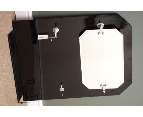 Black vitrolite glass splash back, canted corners with adjustable bevel edge mirror above cup holder and single shelf, W64cm,