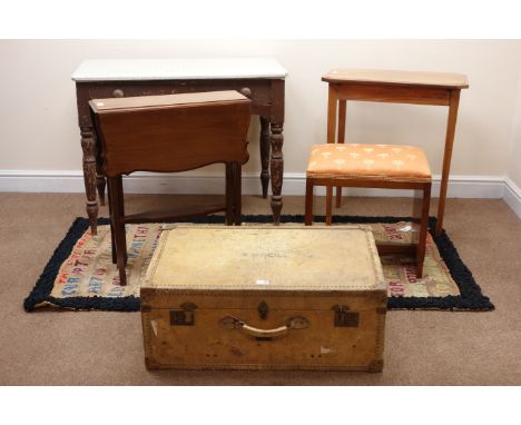 Art Deco style walnut finish stool, upholstered seat (W50cm, H48cm, D36cm), a vintage travelling trunk, hinged lid with clasp