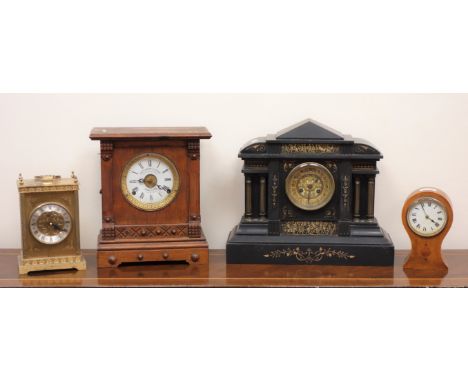 Victorian architectural black slate mantel clock, half hour striking on a coil, a Fattorini & Sons Patent Automatic Alarm man