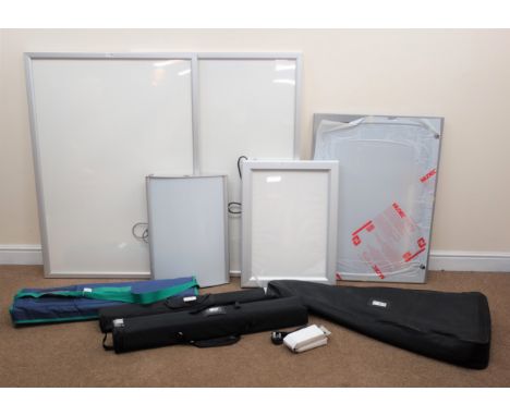 Four assorted roller banner stands, Pair A0 size LED snap frames with transformers, An A1 lockable aluminium poster case with