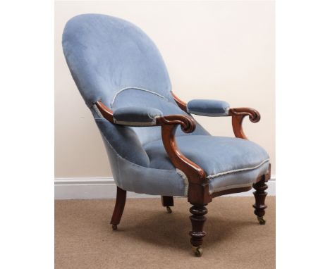 Victorian upholstered open arm chair, upholstered in a light blue fabric, scrolled arms, turned supports on castors, W61cm Co