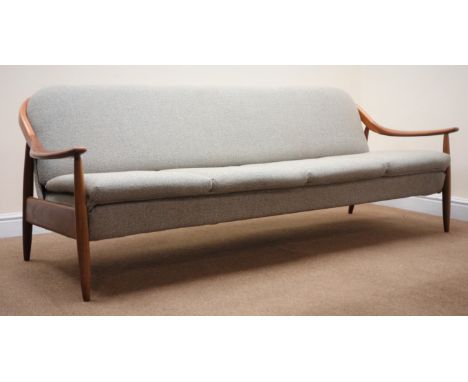 Mid century Danish design teak framed four seat sofa bed, grey upholstered cushions, W201cm Condition Report Click here for f