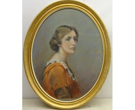 English School (Early 20th century): Bust Portrait of a Young Woman with a resemblance to Virginia Woolf, oval pastel unsigne