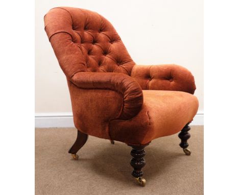 Victorian arm chair, upholstered in deep button upholstered copper Italian embossed silk chenille, on turned supports with br