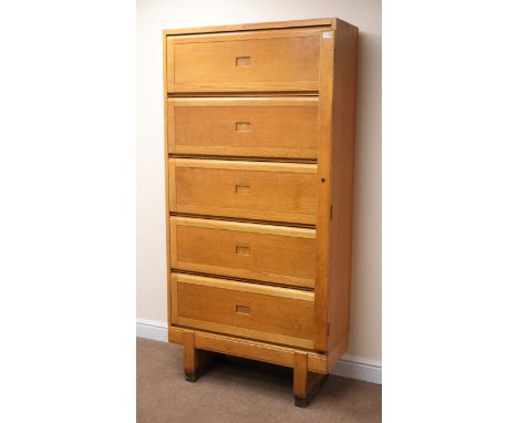 Mid 20th century light oak cabinet, five up and over doors enclosing fitted interior, lockable pilaster, W92cm, H186cm, D38cm