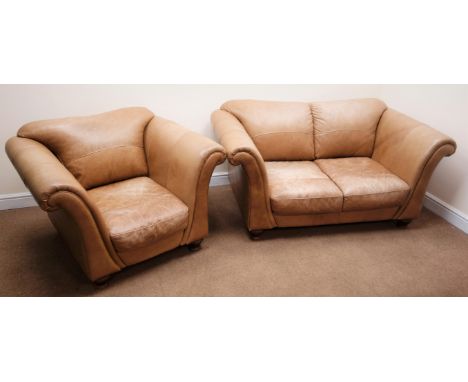 Two seat sofa upholstered in distressed tan leather, turned supports (W165cm) and matching armchair (W114cm) (2) Condition Re