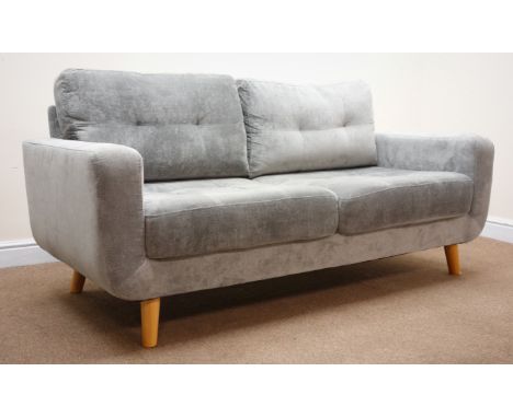 Three seat sofa upholstered in grey fabric, turned supports (W178cm) a matching two seater sofa (W154cm) and armchair (W92cm)