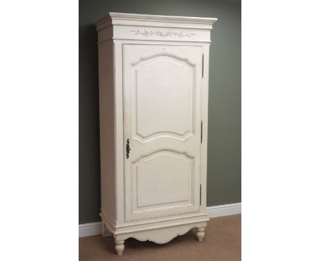 French style white painted armoire wardrobe, projecting cornice, floral detailing to frieze, single door enclosing shelf, sha