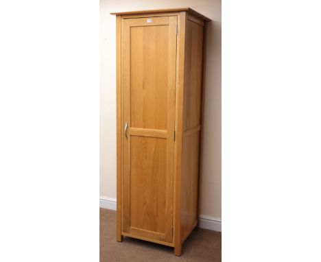 Light oak wardrobe, projecting cornice, single door enclosing hanging rail, stile supports, W66cm, H192cm, D59cm Condition Re
