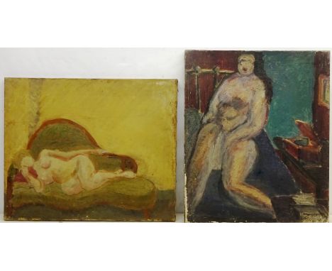 British 20th century: Nude Lady on a Sofa and Nude on a Bed, two oils unsigned 51cm x  61cm (2) Condition Report Click here f