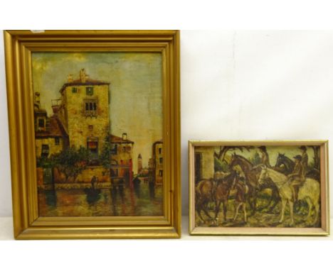 Figures on Horseback, Venetian Scenes and Woodland Landscape, four 20th century oils on canvas one signed Oscar Witton max 47