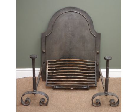 Cast iron arched fire back (W75cm, H99cm) a fire grate and two fire dogs (4) Condition Report Click here for further images, 