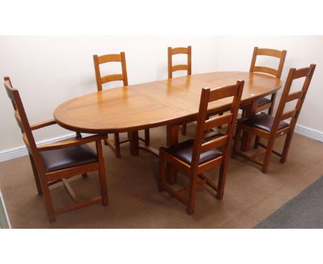 French solid oak oval extending dining table with two leaves, square supports joined by curved 'H' stretcher (W232cm, H78cm, 