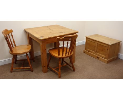 Solid pine table, square supports (W91cm, H77cm, D91cm) a pair pine dining chairs (W46cm) and a pine chest, fall front enclos