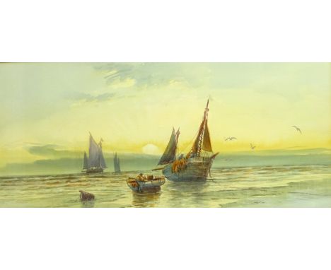 R Anderson (British 19th/early 20th century): Sorting the Catch and Fishing Boats off Shore, two watercolours signed 24.5cm x