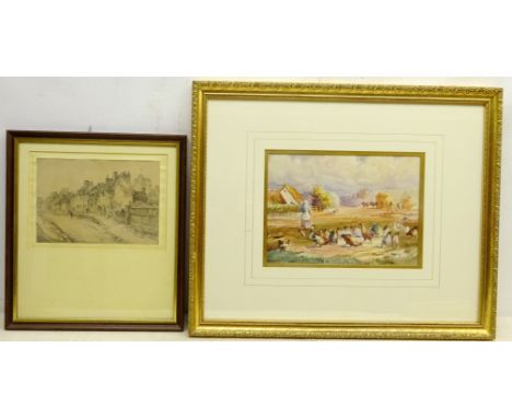R W Pat** (19th/20th century): 'Feeding Time', watercolour signed and titled 20cm x 27.5cm and 'Farnham', pencil drawing by A