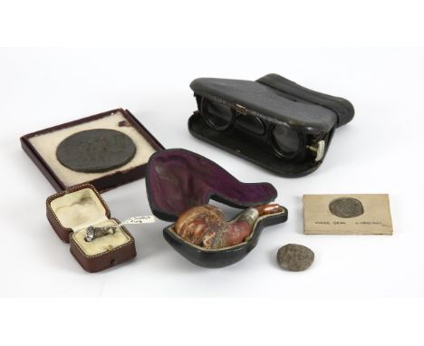 A pair of Leather covered folding opera glasses, a meerschaum Turks Head pipe with case, two lead wool seals, a sterling silv
