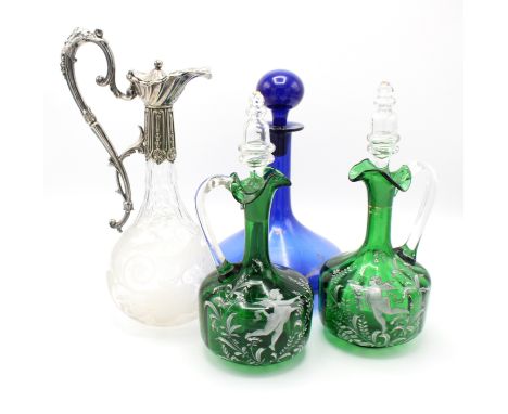 A quantity of late 19th and 20th century glass wares including ; Silver plated claret jug, 33cm high, a Bristol blue decanter