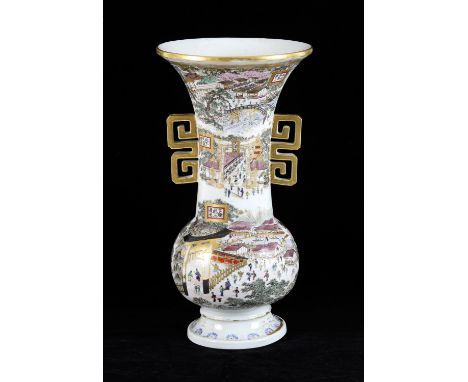 A Japanese vase with trumpet neck, decorated with urban landscapes from the Edo r Meiji Period, 33cm high; the base with unde