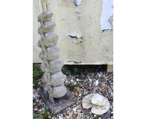 Reconstituted stone sculpture of seven stacking frogs, on a square plinth, 73cm high, together with a smaller model of a frog